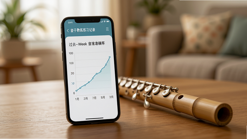 一部智能手机放置在木质桌面上,旁边放着一支竹笛,手机屏幕上显示着笛子教练的练习记录图表,图表为折线图,显示用户过去一周的音准准确率上升趋势,背景模糊处理,突出手机屏幕内容,光线柔和,温馨居家氛围,高清摄影风格,细节丰富,无杂乱背景元素
