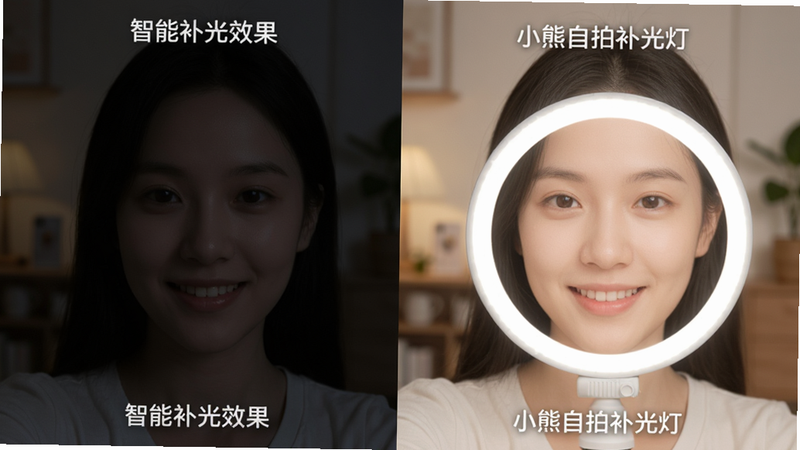 展示智能光线适应功能的对比图,左侧为暗光环境下的普通自拍,右侧为使用“小熊自拍补光灯”后的效果,光线柔和均匀,主体人物面部清晰明亮,背景虚化处理得当,风格写实,细节丰富,文字标注“智能补光效果”,画质清晰,布局对称,无杂乱元素