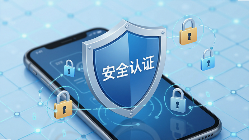 安全盾牌图标与手机界面结合,背景为淡蓝色科技感网格,盾牌中心写有“安全认证”字样,周围环绕着锁形图标和加密符号,风格简约专业,细节精致,色彩和谐,画质清晰,无杂乱背景