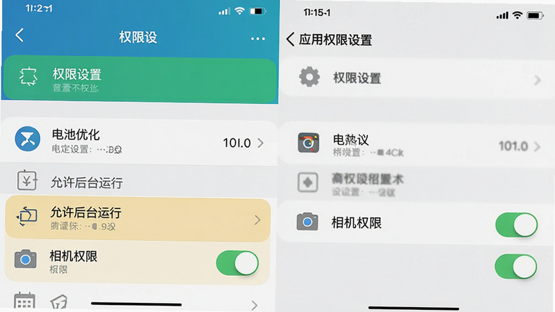 手机设置界面截图,展示电池优化和应用权限设置选项,高亮显示“允许后台运行”和“相机权限”开关,风格扁平化,图标清晰,文字“权限设置”醒目,布局整洁,画质高清,无多余装饰