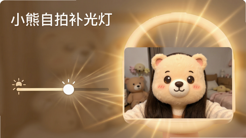 主体为一款名为“小熊自拍补光灯”的安卓应用界面,布局清晰,左侧显示亮度调节滑块,右侧为实时自拍预览窗口,背景为柔和的暖色调光晕,风格简约现代,细节处可见精细的光线散射效果,文字“小熊自拍补光灯”清晰醒目,画质高清,干净无多余元素