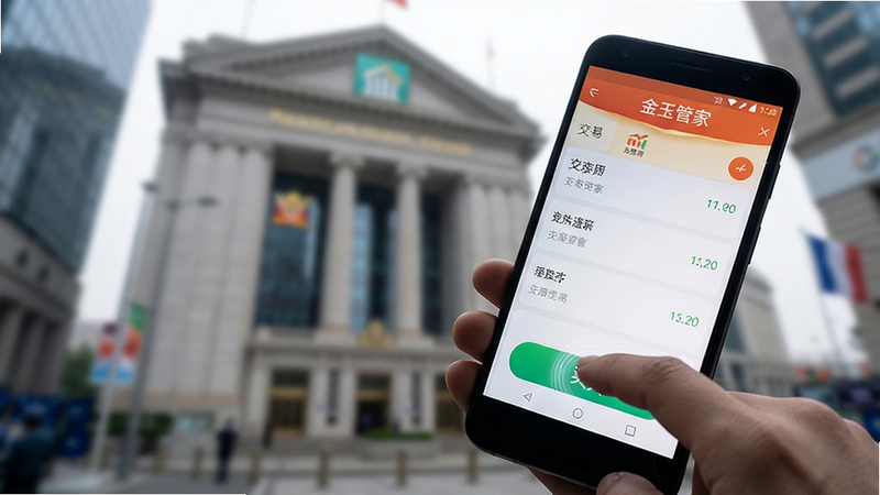 主体为一只手握着安卓智能手机,屏幕显示“金玉管家”APP的交易界面,手指正点击“买入”按钮,背景虚化显示证券交易所大楼轮廓,风格为真实摄影风,细节处体现屏幕的高亮度与触控反馈,画质清晰,无多余装饰