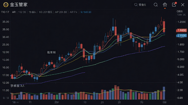 主体为“金玉管家”APP内的K线技术分析界面,布局左侧为时间轴,右侧为价格轴,中央展示复杂的红蓝双色K线柱状图,叠加多条不同颜色的均线曲线,背景为深色模式以减少视觉疲劳,风格为专业数据分析风,细节处显示具体的成交量柱状图,画质高清,无水印