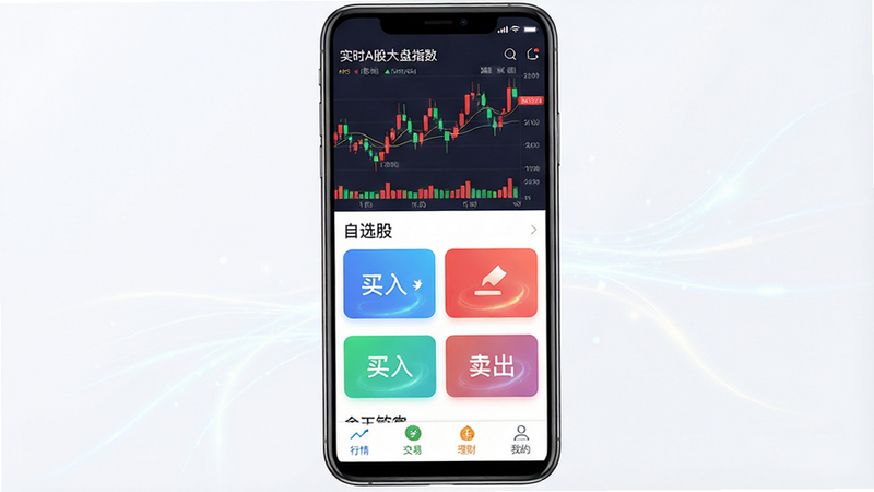 主体为“金玉管家”APP安卓版界面全景展示,布局采用扁平化设计,顶部显示实时A股大盘指数走势图表,红绿K线清晰可见,中部排列着“自选股”、“买入”、“卖出”等大号高亮功能按钮,底部导航栏包含“行情”、“交易”、“理财”、“我的”四个图标,风格为现代科技金融风,细节处体现数据流动的细腻光影,画质4k高清,干净无多余元素