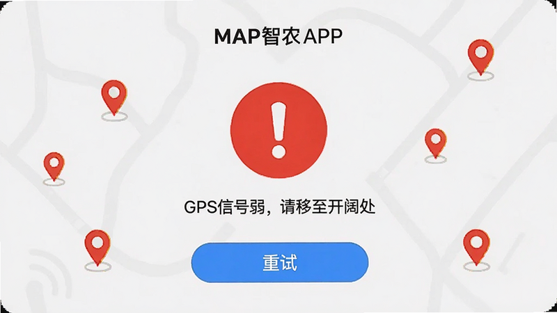 主体是MAP智农APP的错误提示界面模拟图,背景为浅灰色,中间有一个红色的圆形警告图标,下方文字显示“GPS信号弱,请移至开阔处”,底部有一个蓝色的按钮“重试”,周围散落着几个小的定位图标,风格简洁警示,细节清晰,高清,无多余元素,画质良好
