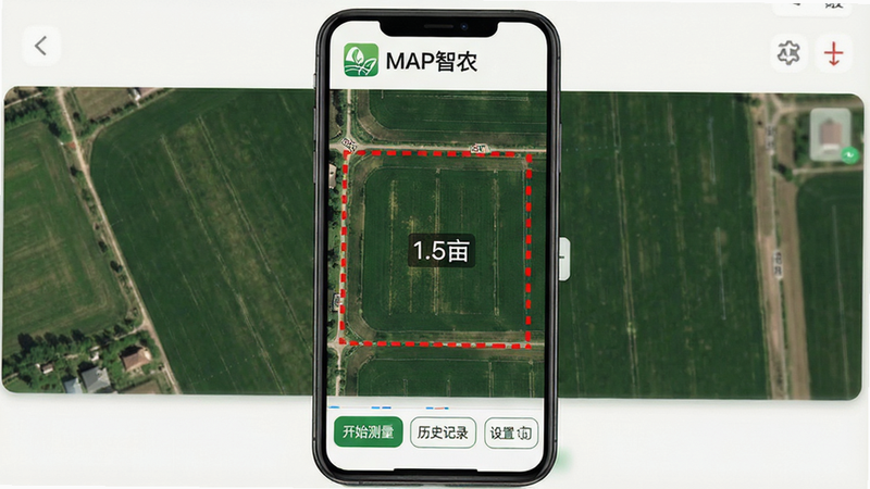 主体为MAP智农APP的手机界面截图,布局清晰,顶部显示软件Logo和名称“MAP智农”,中间展示一块绿色农田的卫星地图视图,农田边界用醒目的红色虚线标出,地图上叠加显示面积数值“1.5亩”,底部有三个功能按钮“开始测量”、“历史记录”、“设置”,风格为现代扁平化设计,细节丰富,高清无噪点,干净背景,无多余元素,画质4K