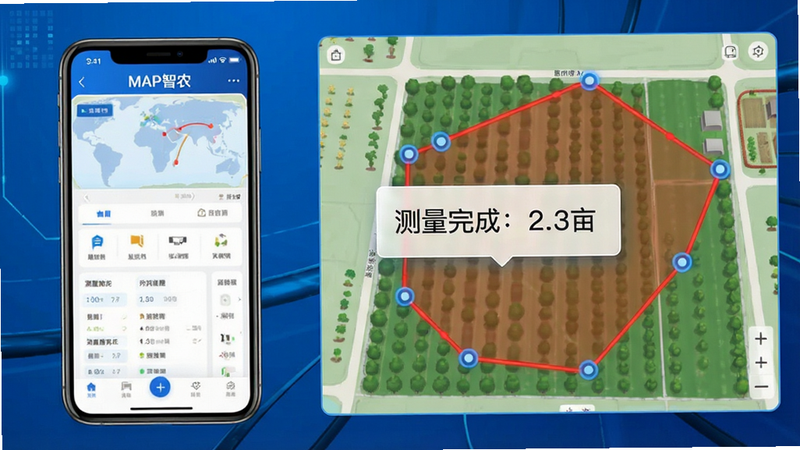 主体是MAP智农APP的功能演示图,左侧显示手机界面,右侧展示对应的农田地图,地图上有一个红色的多边形闭合路径,路径节点用蓝色圆点标记,中间浮现一个半透明的白色信息框,显示“测量完成:2.3亩”,风格为科技感蓝色调,细节清晰,排版整洁,高清,无多余元素,画质优秀