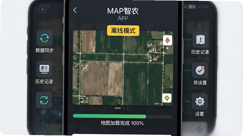 主体是MAP智农APP的离线地图界面,背景为深灰色科技底色,中间显示一张高精度的农田卫星地图,地图上方有一个黄色的“离线模式”标签,下方显示进度条“地图加载完成 100%”,周围环绕着几个小的图标代表“数据同步”、“历史记录”、“设置”,风格简洁现代,细节精致,高清,无多余元素,画质清晰
