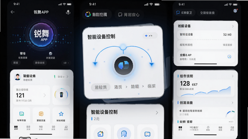 主体为锐舞APP界面展示,布局中心是智能设备控制卡片,排版清晰有序,风格现代简约科技感,细节显示蓝色发光连接状态图标,画质高清,干净,无多余元素