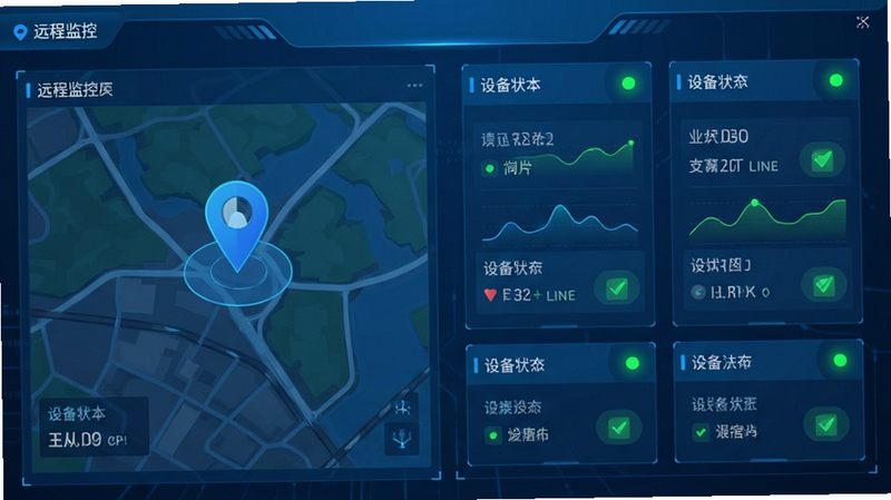 主体为远程监控界面示意,布局包含地图定位图标和设备状态卡片,排版左右分栏,风格科技蓝调,细节显示绿色在线状态指示灯,画质细腻,干净,无多余元素