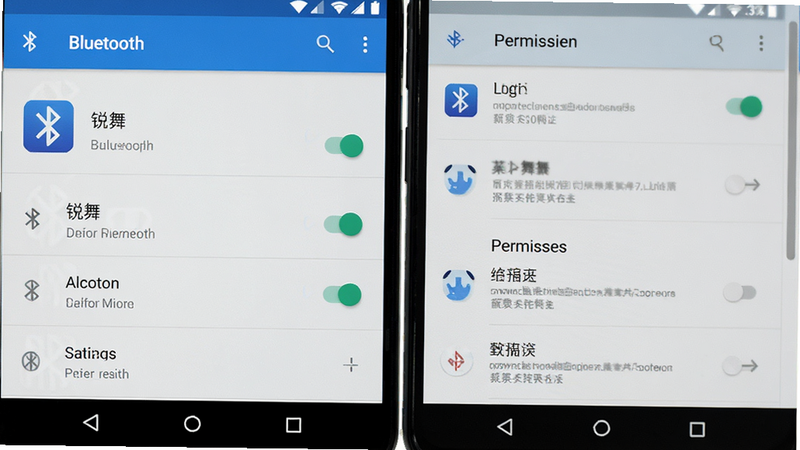 主体为手机设置界面截图,显示蓝牙和权限管理页面,布局为典型安卓设置列表,排版清晰,风格系统原生UI,细节显示“锐舞”应用名称及权限开关,画质清晰,干净,无多余元素
