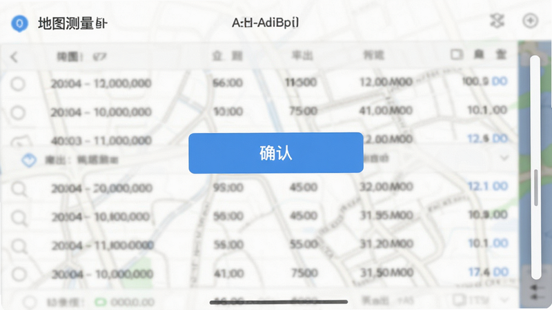 主体为“地图测量”APP的导出界面,屏幕中央显示一个确认按钮,背景模糊显示地图坐标列表,排版居中,风格极简,细节展示数据列表的滚动条,画质清晰,干净,无多余元素