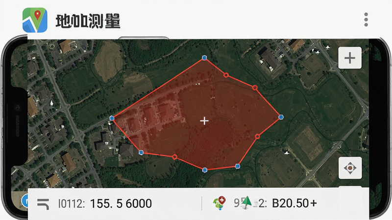 主体为一款名为“地图测量”的安卓手机应用界面预览图,布局清晰,顶部显示软件Logo,中间展示卫星地图视图,地图上有一个红色的多边形选区正在被绘制,底部显示计算出的面积数值和距离数值,风格为扁平化科技风,细节丰富,画质高清,干净,无多余元素
