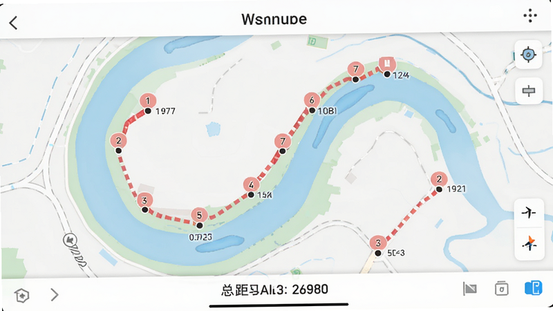主体为“地图测量”APP的距离测量模式界面,地图上显示一条沿着河流蜿蜒的红色折线,每个转折点有编号,底部状态栏显示总距离数值,布局简洁,风格现代,细节突出折线轨迹,画质高,干净,无多余元素