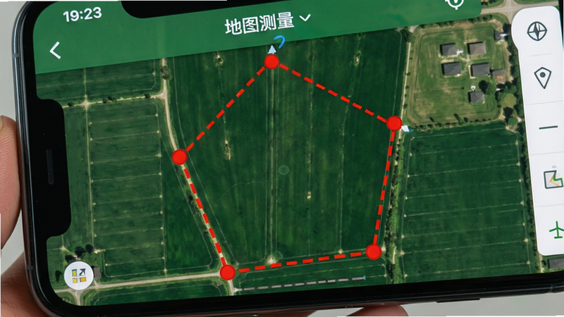 主体为手机屏幕特写,显示“地图测量”APP正在绘制一个不规则的五边形地块,顶点用红点标记,连线为红色虚线,背景是绿色的农田卫星图,排版紧凑,风格写实,细节展示顶点连接过程,画质清晰,干净,无多余元素