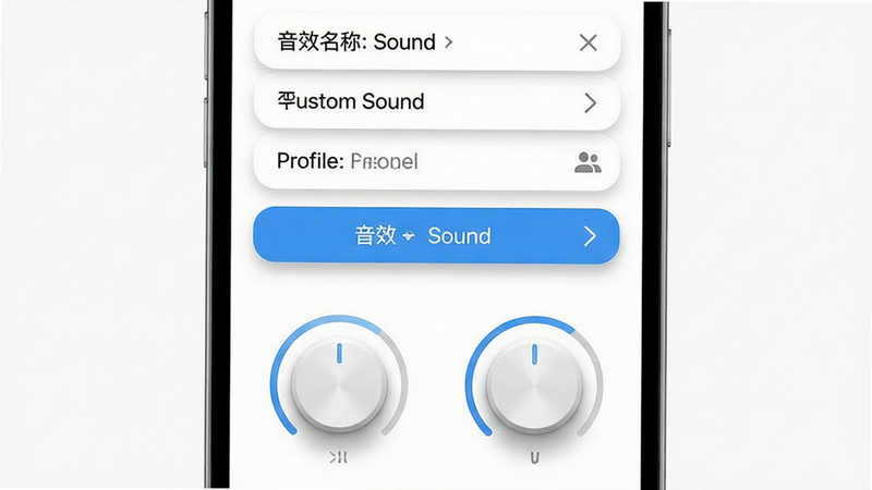 主体为手机端音效设置界面,背景为白色简洁风格,布局上下结构,上方为音效名称选择列表,下方为参数调节旋钮,排版整齐有序,风格清新简约,细节包含高亮的选中项和细腻的阴影效果,画质高清,干净,无多余元素,文字显示