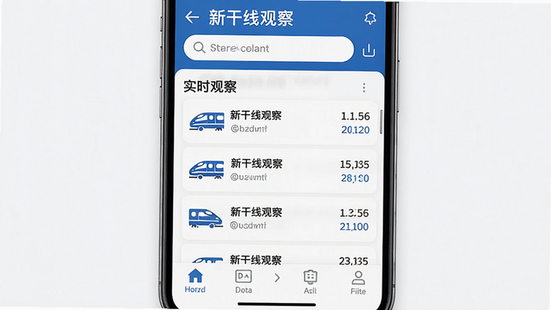 主体为手机屏幕界面,展示“新干线观察”APP主页面,布局清晰分为顶部搜索栏、中部实时列车列表、底部功能导航;排版采用扁平化设计,风格现代简约,细节包含蓝色主色调列车图标与时间数据;画质高清,干净无多余元素,文字标注“新干线观察”