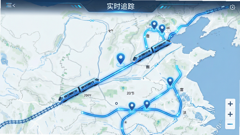 主体为地图界面,显示多条蓝色线路与移动的列车图标,布局为全屏地图视图,排版简洁,风格科技感强,细节包含定位标记与路径高亮;画质清晰,干净无杂乱背景,文字标注“实时追踪”