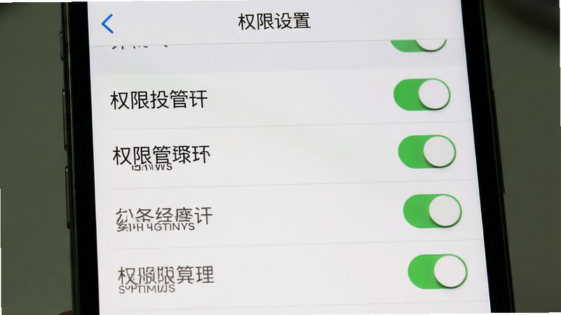 主体为手机设置界面截图,显示权限管理选项,布局为列表形式,排版清晰,风格系统原生风,细节包含开关按钮与权限名称;画质清晰,干净无遮挡,文字标注“权限设置”