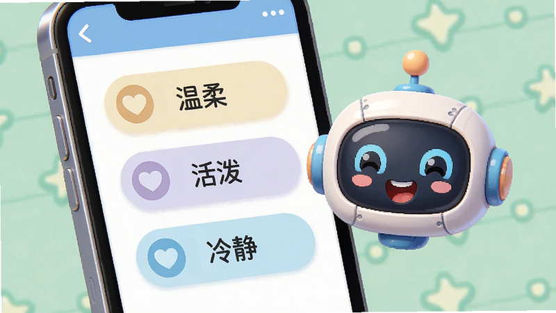 手机界面上显示着性格选择列表,有“温柔”、“活泼”、“冷静”等选项,旁边有一个拟人化的机器人头像正在变化表情,主体为手机界面,布局清晰,排版有序,风格卡通可爱,细节精致,画质高清,干净,无多余元素