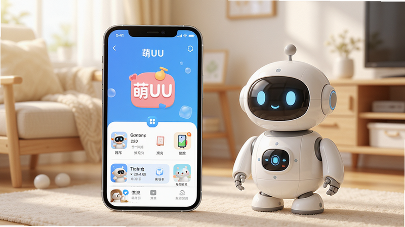 一张展示手机屏幕界面的概念图,手机屏幕上清晰显示着“萌UU”APP的主界面,背景是温馨的居家环境,旁边站着一只可爱的白色小型陪伴机器人,画面风格清新明亮,主体突出,布局整洁,排版清晰,细节丰富,画质高清,干净,无多余元素