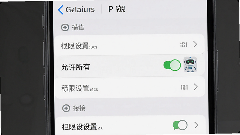 手机设置界面截图,显示权限管理页面,高亮显示“允许所有”选项,旁边有一个机器人图标,主体为权限设置列表,布局清晰,排版整齐,风格简洁现代,细节明确,画质高清,干净,无多余元素