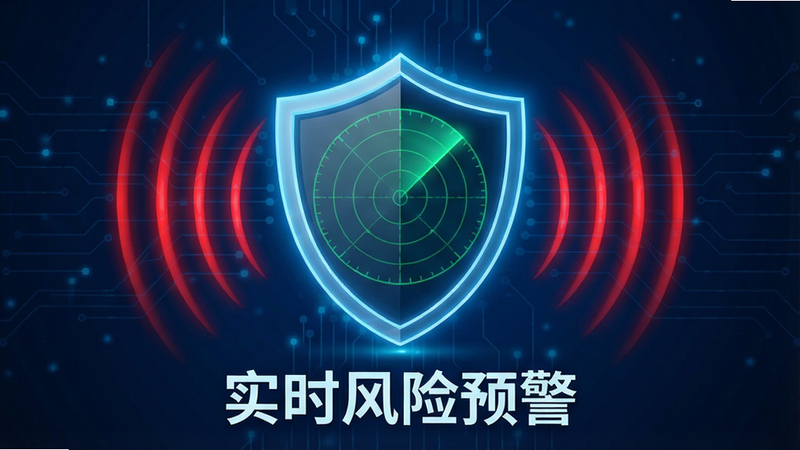 深蓝色科技背景,中央是一个发光的盾牌图标,盾牌内部有雷达扫描动画效果,周围环绕着红色的警告信号波纹,下方文字标注“实时风险预警”,整体风格专业严谨,高清晰度