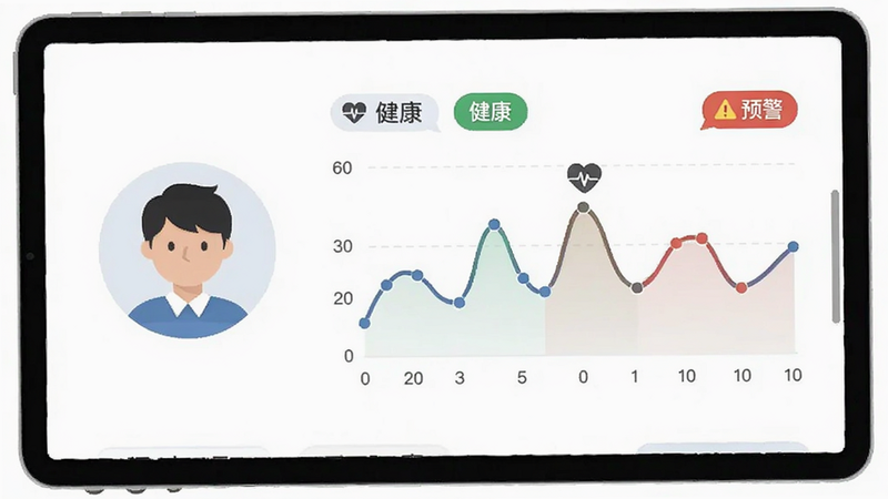 一个简洁的用户界面截图,展示一个学生头像和旁边的折线图,折线图显示情绪波动趋势,旁边有“健康”“预警”等标签,背景为白色,UI设计扁平化,清晰易读