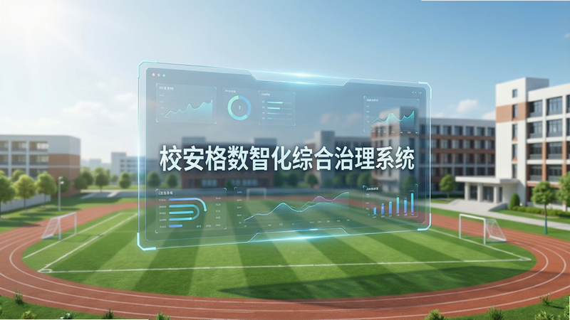一张现代简约风格的数字校园全景图,主体是悬浮在空中的透明数据面板,面板上清晰显示文字“校安格数智化综合治理系统”,背景是绿色的校园操场和教学楼,光线明亮,科技感十足,4k分辨率,无多余元素,干净利落