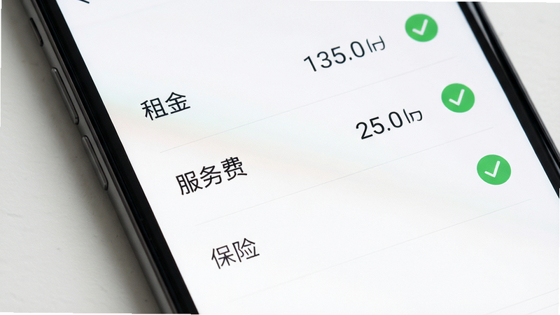 主体为手机界面显示费用明细列表,布局分为租金、服务费、保险三行,排版列表式,风格简约UI设计,细节包括数字字体清晰、对勾图标表示已确认,画质清晰,干净无干扰元素