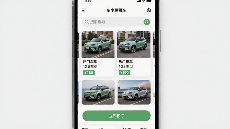 主体为手机屏幕显示车小豆租车APP首页,布局清晰展示热门车型卡片和搜索栏,排版简洁现代,风格扁平化设计,细节包括车辆图片、价格标签和“立即预订”按钮,画质高清,干净无多余元素