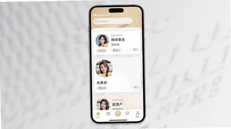 ����Ϊһ���������õ������ֻ�����Ļ��ʾMarryU���׽���APP��ҳ�������԰�ɫ��ǳ��ɫΪ��ɫ�����������������Ͷ�λͼ�꣬�в�չʾ����������֤�������û���Ƭ����Ƭ����ͷ��������ְҵ��ǩ���ײ��е������������������Ű����룬����ִ���Լ��ϸ�ھ��£����ʸ��壬�ɾ��޶���Ԫ�أ�����Ϊ��͵�ǳ��ɫ����