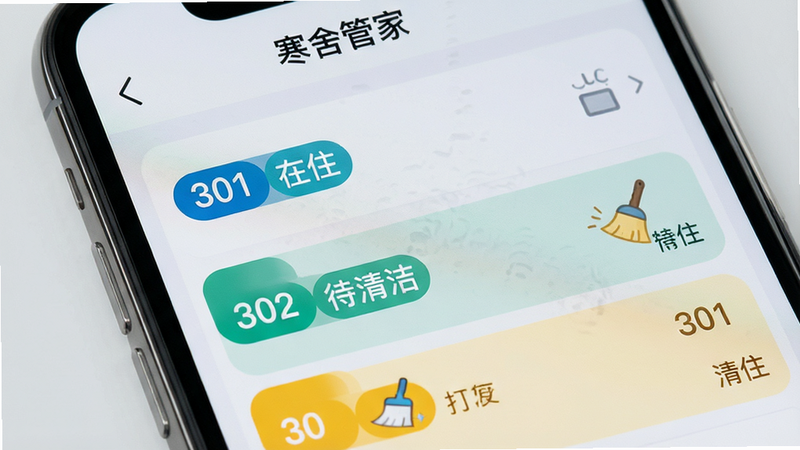�ֻ���Ļ��д��չʾ������ܼҡ�App�ķ���״̬�б����棬�б���������ע������뵱ǰ״̬��ǩ���硰301 ��ס������302 ����ࡱ����ɫ�������̻���ɫ���֣�����Ϊǳ��ɫ���������룬���������׶���������ִ�������ϸ�壬�����ұ���
