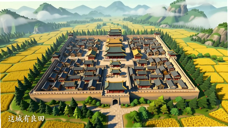 主体为一座宏伟的中国古代城池全景,视角为高空俯瞰,画面中心是层层叠叠的宫殿与民居,四周环绕着金黄色的稻田和翠绿的树林,远处有云雾缭绕的山峰,整体色调为暖黄色与青绿色交织,风格为高精度3D游戏渲染,布局紧凑有序,细节丰富,画质清晰干净,无多余元素,文字包含