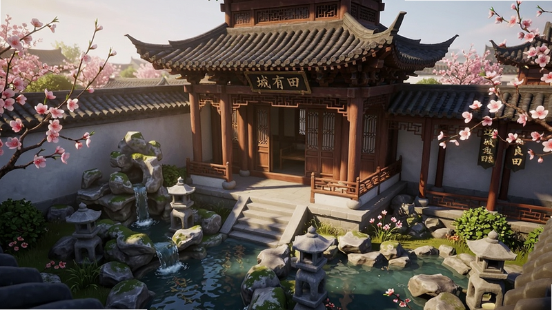 主体为一座精致的古代中式庭院局部,画面聚焦于精致的木结构楼阁和庭院中的假山流水,周围点缀着盛开的桃花,光影效果柔和,呈现出清晨的静谧感,风格为写实游戏美术,布局平衡,细节精致,画质高清,干净无杂乱,文字包含