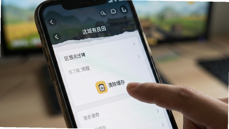 主体为一部智能手机屏幕,显示游戏内的设置界面,手指正在点击“清除缓存”按钮,背景模糊处理,突出操作界面,风格为极简UI设计,布局清晰,细节真实,画质清晰,干净无多余元素,文字包含