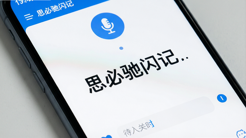一张高清的智能手机屏幕特写,屏幕中央显示着“思必驰闪记”应用的界面,界面风格极简现代,白色背景,顶部有清晰的麦克风图标正在录音,中间是大字号的实时转写字幕,下方是待命输入框,整体色调为科技蓝与白色搭配,画面干净无杂物,高清细节,扁平化设计风格,无水印