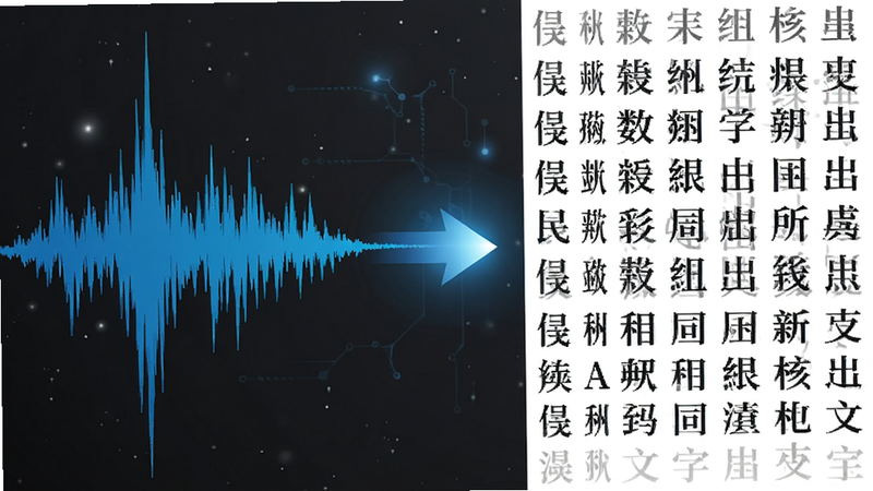 展示一个声波波形图正在转化为文字行的示意图,左侧是动态的蓝色声波,右侧是整齐排列的黑色宋体文字,中间有一个发光的箭头连接,背景为深空灰,体现数据流动的科技感,高对比度,清晰锐利,无多余装饰元素