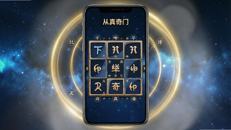生成一张展示“从真奇门”手机应用界面的概念图。主体为智能手机屏幕,屏幕中央显示一个复杂的奇门遁甲九宫格排盘界面,九宫格内包含天干地支符号和神煞标记,背景为深蓝色星空纹理,体现神秘与专业感。布局上,手机居中,周围环绕着淡淡的金色光圈,象征能量流动。排版整洁,文字清晰可见,如顶部标题“从真奇门”。风格为现代科技与传统国学结合,细节丰富,九宫格线条流畅,符号立体感强。画质高清,干净,无多余元素,色彩和谐,突出专业性与易用性。