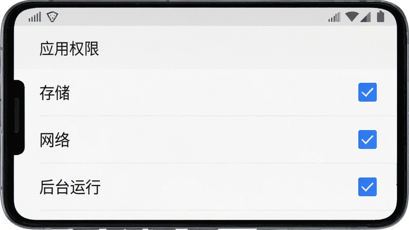 生成一张展示“从真奇门”APP权限设置界面的手机截图风格图片。主体为手机屏幕,显示“应用权限”列表,其中“存储”、“网络”、“后台运行”权限被勾选为允许状态。布局清晰,列表项整齐排列,背景为白色。排版简洁,文字清晰,勾选框为蓝色。风格为典型的安卓系统设置界面,细节处有状态栏图标。画质清晰,干净,无多余元素,直观展示权限配置状态。