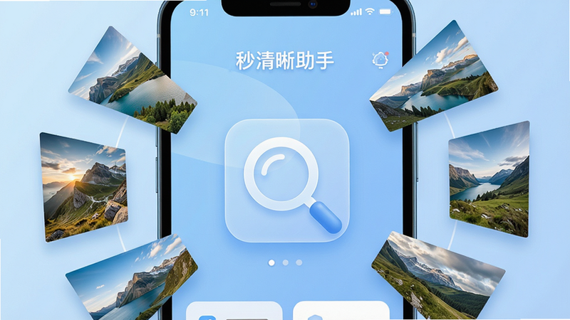 主体为手机屏幕界面,显示软件名“秒清晰助手”,背景为浅蓝色渐变,布局中心突出一个高清放大镜图标,周围环绕着清晰的风景照片碎片,排版简洁现代,风格为扁平化科技风,细节包含细腻的UI线条和柔和的光影效果,画质4k高清,干净无多余元素