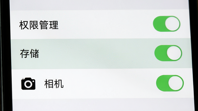主体为手机设置界面,显示“权限管理”选项,高亮显示“存储”和“相机”两项,布局为列表式,风格为系统原生UI,细节包含开关按钮的开启状态,画质清晰,无杂乱背景
