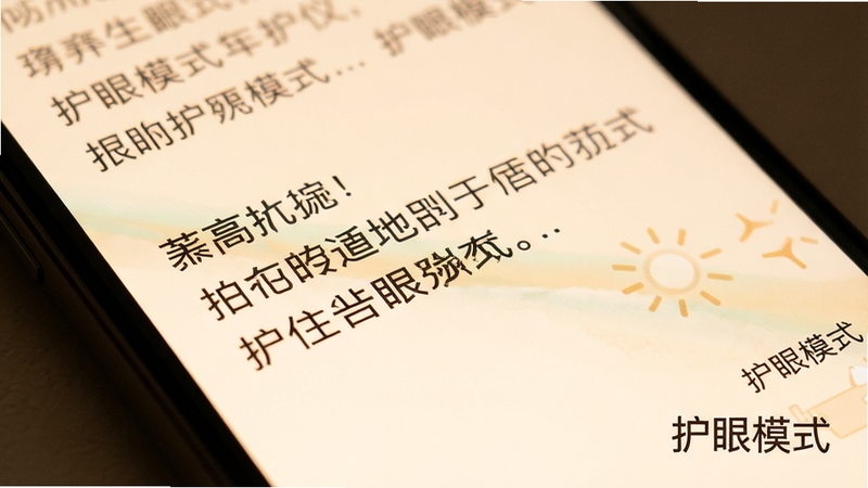 主体为手机屏幕特写,布局聚焦屏幕内容,排版舒适行间距适中,风格柔和温暖,细节展示护眼模式下的文字清晰度,画质逼真,干净,无多余元素,文字“护眼模式”位于角落