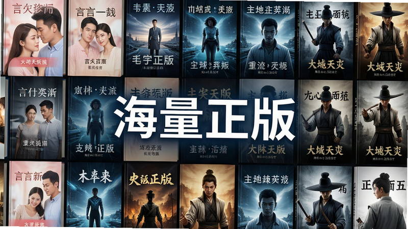 主体为书籍封面墙,布局呈瀑布流排列,排版紧凑有序,风格现代数字化,细节展示不同题材书籍封面如言情、科幻、武侠,画质高清,干净,无多余元素,文字“海量正版”悬浮于中心