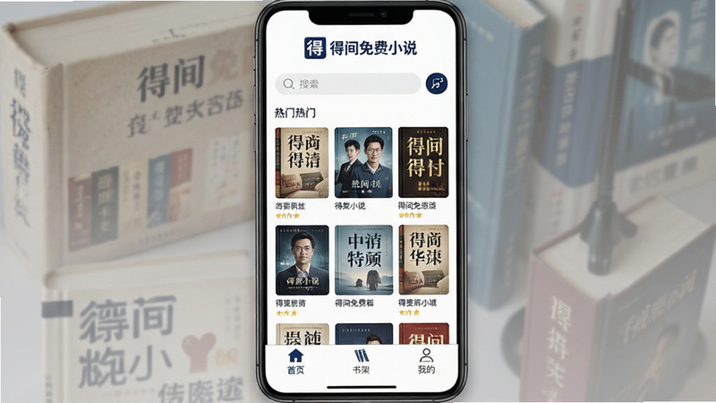 主体为得间免费小说应用界面全景,布局居中显示书城首页,排版清晰包含“首页”、“书架”、“我的”底部导航栏,顶部有搜索框,中间展示热门书籍封面网格,风格清新简约,采用白色背景搭配深蓝色文字,细节处体现高清书本纹理,画质8K,干净,无多余元素,文字“得间免费小说”位于顶部Logo处