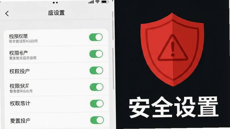 主体为手机设置界面与警告标志,布局左右分割,左侧为APP设置列表,右侧为红色盾牌图标,排版警示性强,风格严肃专业,细节显示权限勾选状态,画质清晰,干净,无多余元素,文字“安全设置”醒目