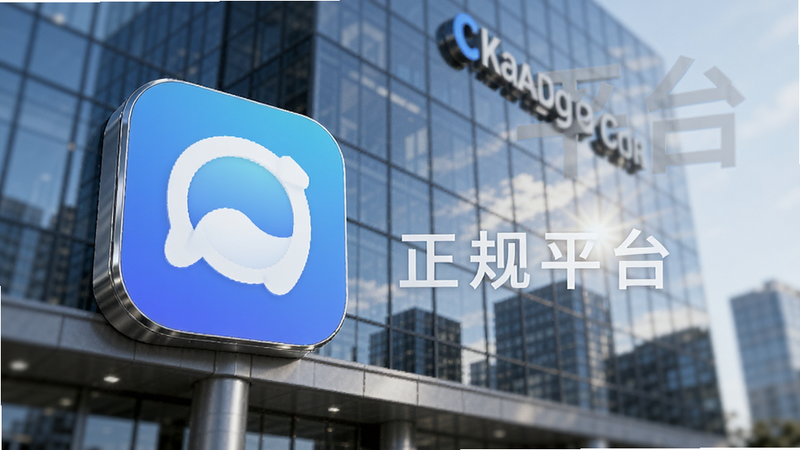 主体为公司办公楼与APP图标,布局背景虚化突出前景APP图标,排版商务风,风格现代科技,细节显示玻璃幕墙反射光线,画质高保真,干净,无多余元素,文字“正规平台”隐含在视觉信任感中
