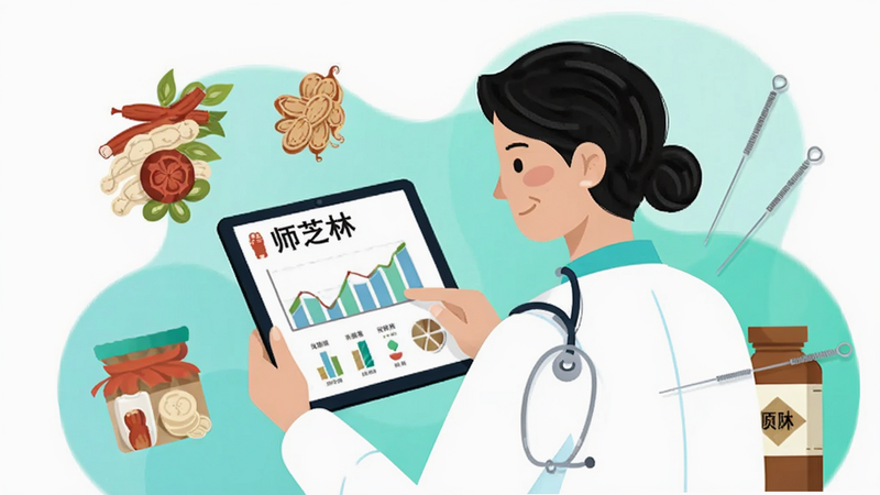 һ�ű�ƽ���廭���ͼƬ������Ϊһλ��ҽҽ���������ڲ鿴ƽ������ϵġ�ʦ֥�֡�����ͼ������Χ��������ҩ�ġ�������Ԫ�أ�ɫ���������£���ͼƽ�⣬���������������ָ��ţ�����ʸ��ͼ���