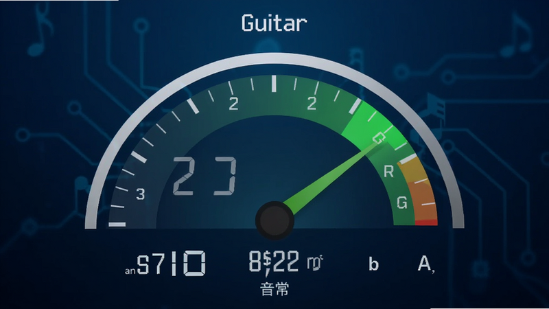 主体为一款名为Guitar吉他校音器的手机应用界面截图,布局采用居中对称设计,背景为深蓝色科技感渐变,中央有一个巨大的半圆形仪表盘,指针指向绿色区域表示音准正常,下方显示数字频率和音符名称,排版整洁清晰,风格现代简约,细节丰富,画质高清,干净,无多余元素