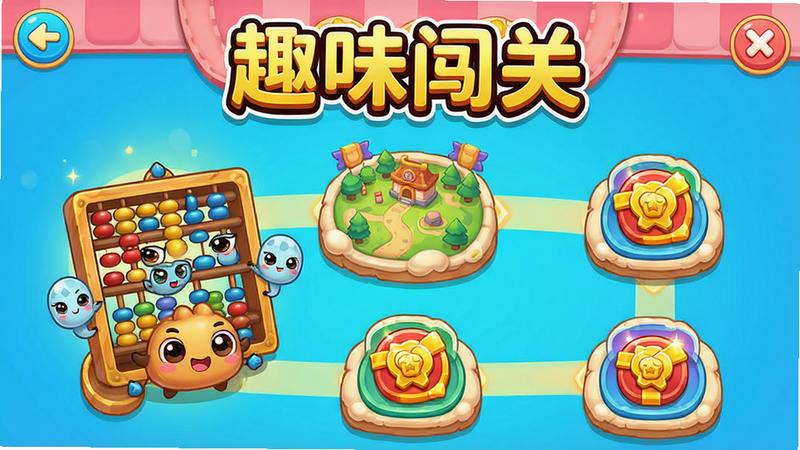 主体为游戏化闯关界面,布局展示多个关卡地图节点,风格卡通活泼,色彩鲜艳,细节包含可爱的算盘精灵角色与奖励图标,画质明亮,干净,无多余元素,文字标注